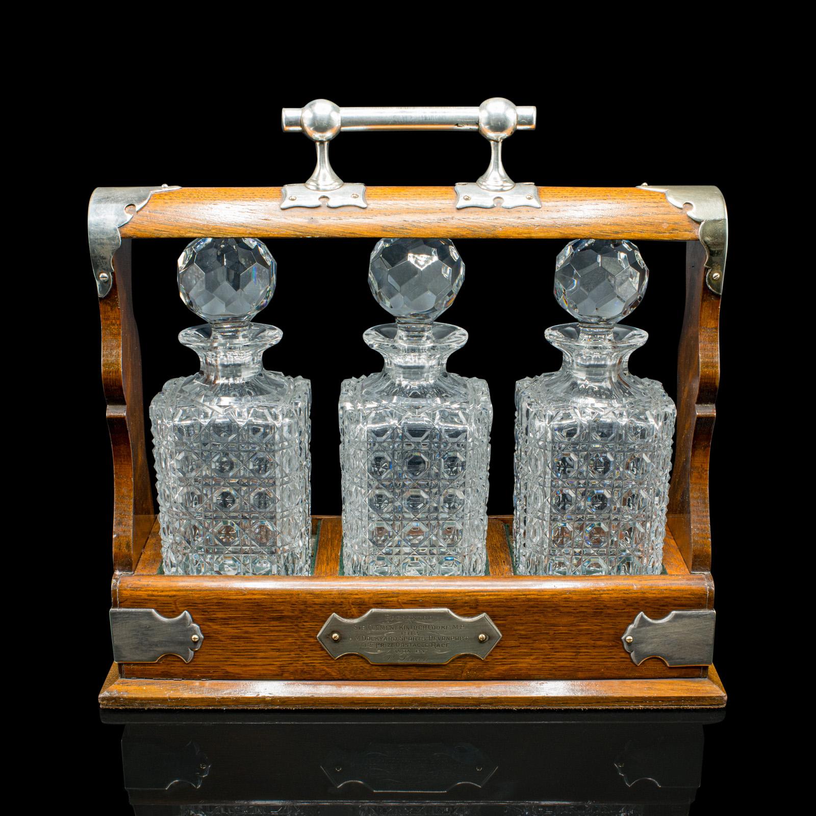 Antique Three Decanter Tantalus, English, Oak, Drinks Caddy, Edwardian, C.1910 In Good Condition For Sale In Hele, Devon, GB