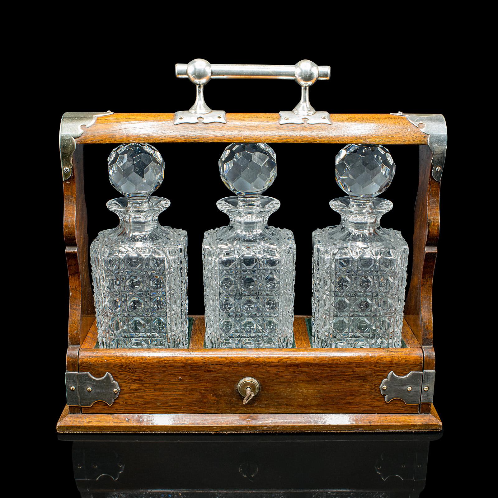 Silver Plate Antique Three Decanter Tantalus, English, Oak, Drinks Caddy, Edwardian, C.1910 For Sale