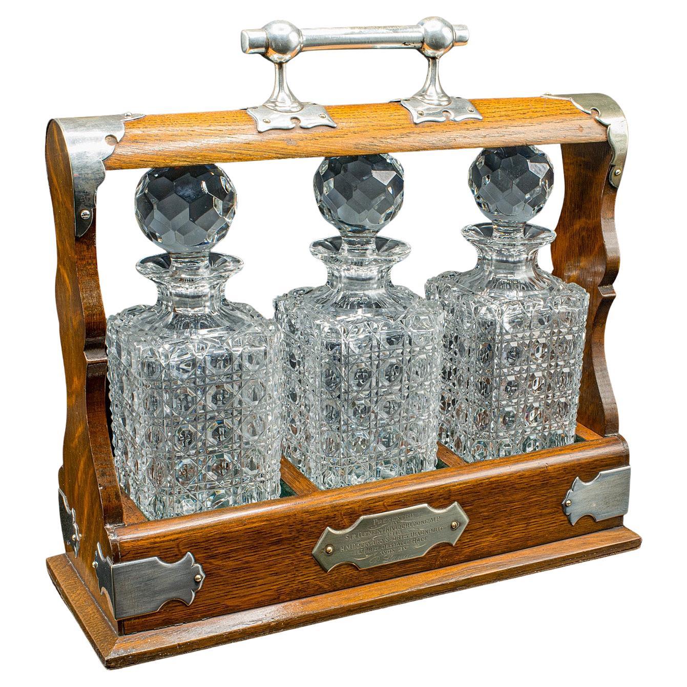 Antiguo Tres Decantador Tantalus, Inglés, Roble, Drinks Caddy, Edwardian, C.1910