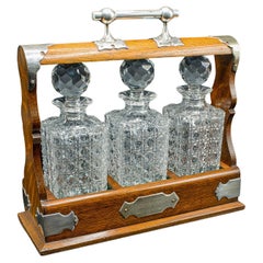 Antique Three Decanter Tantalus, English, Oak, Drinks Caddy, Edwardian, C.1910