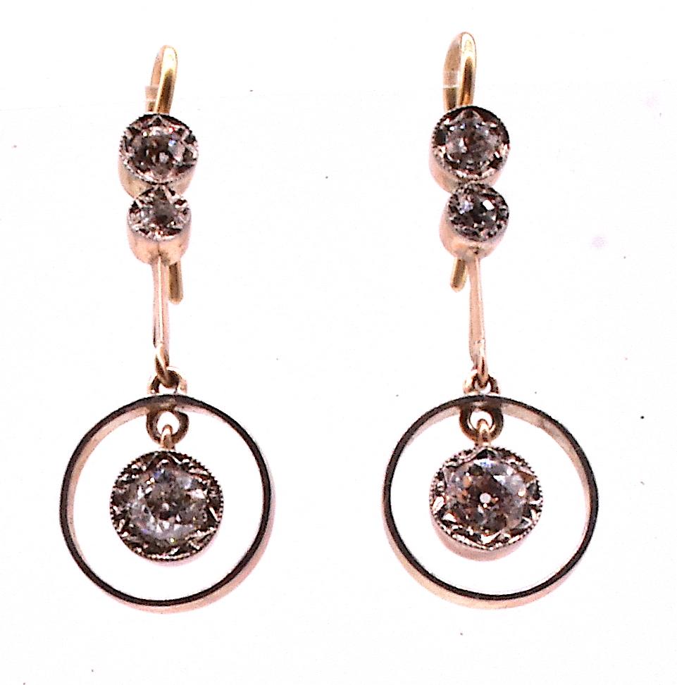 Edwardian Antique 3 Diamond White & Yellow Gold Concentric Circle Drop Earrings  C1920 For Sale