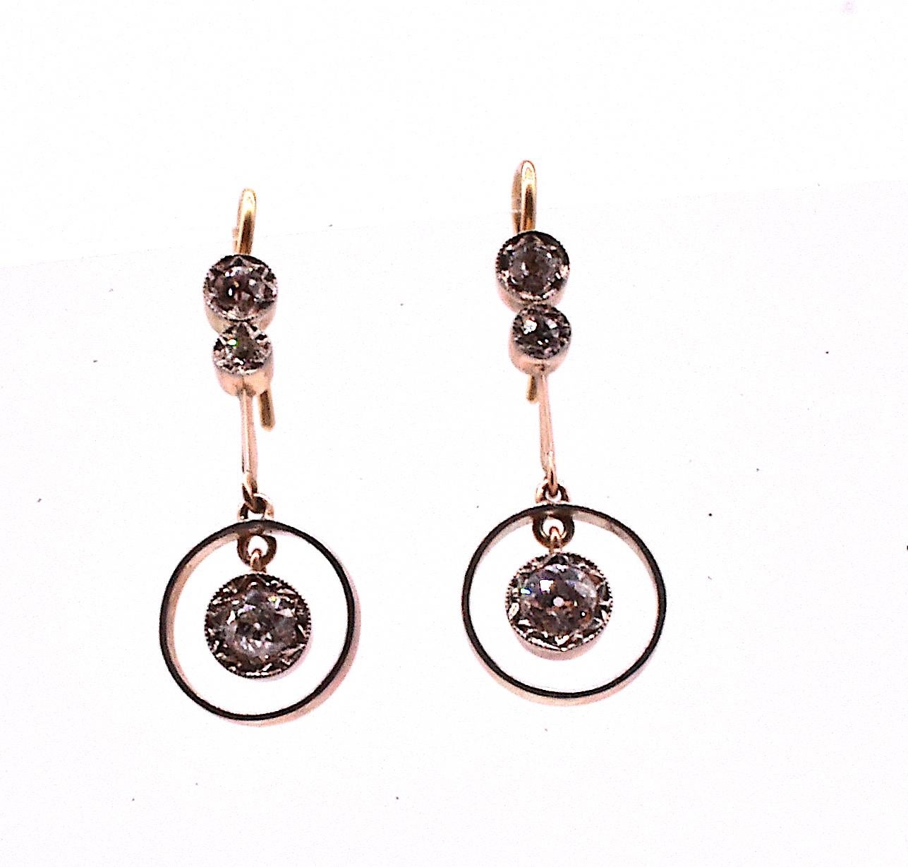 Old Mine Cut Antique 3 Diamond White & Yellow Gold Concentric Circle Drop Earrings  C1920 For Sale