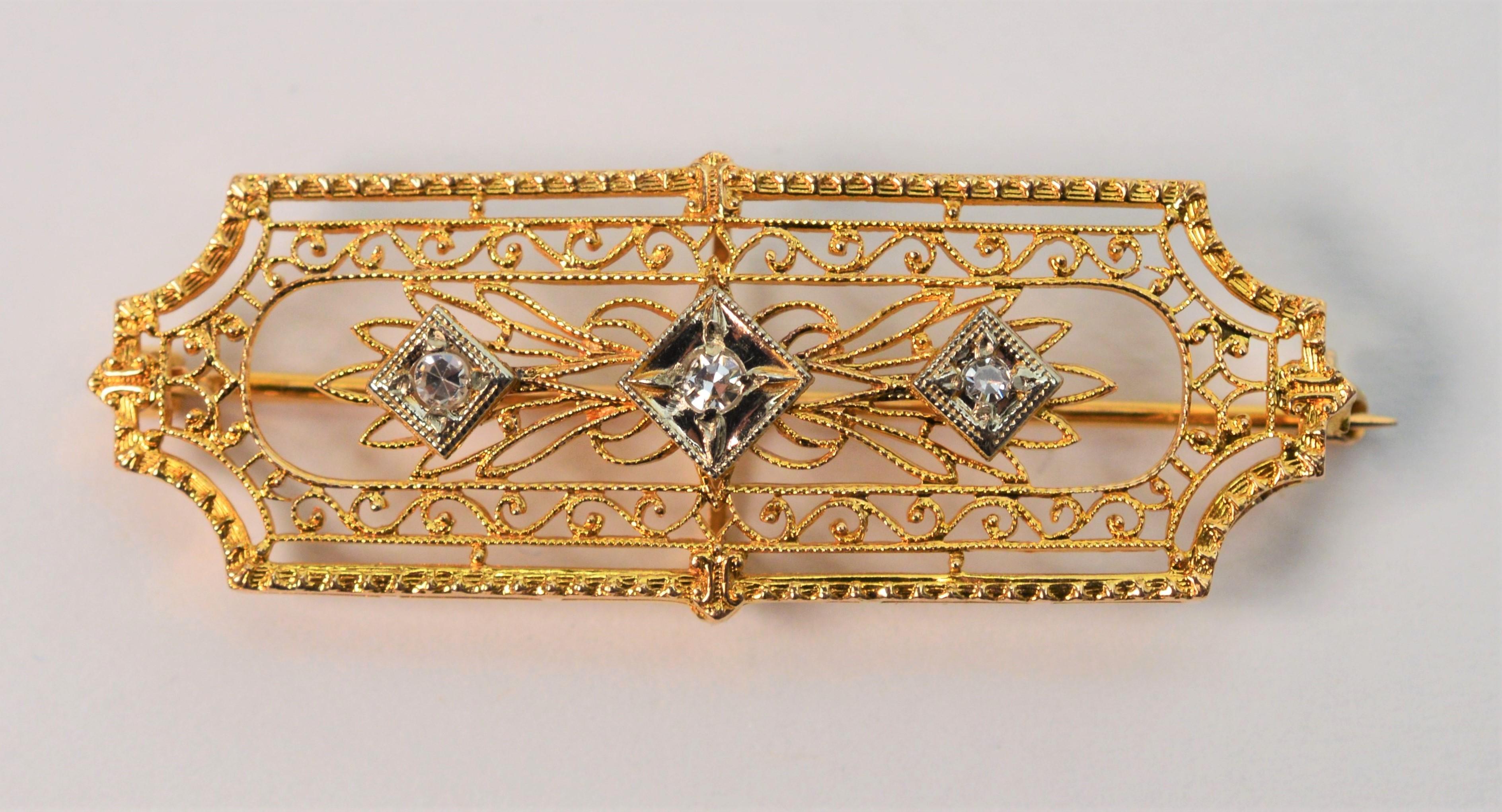 Antique Three Diamond Yellow Gold Filigree Bar Pin For Sale at 1stDibs ...