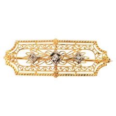 Antique Three Diamond Yellow Gold Filigree Bar Pin