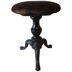 Antique Three-Legged Swivel Stool in Black and Brown Cowhide Leather