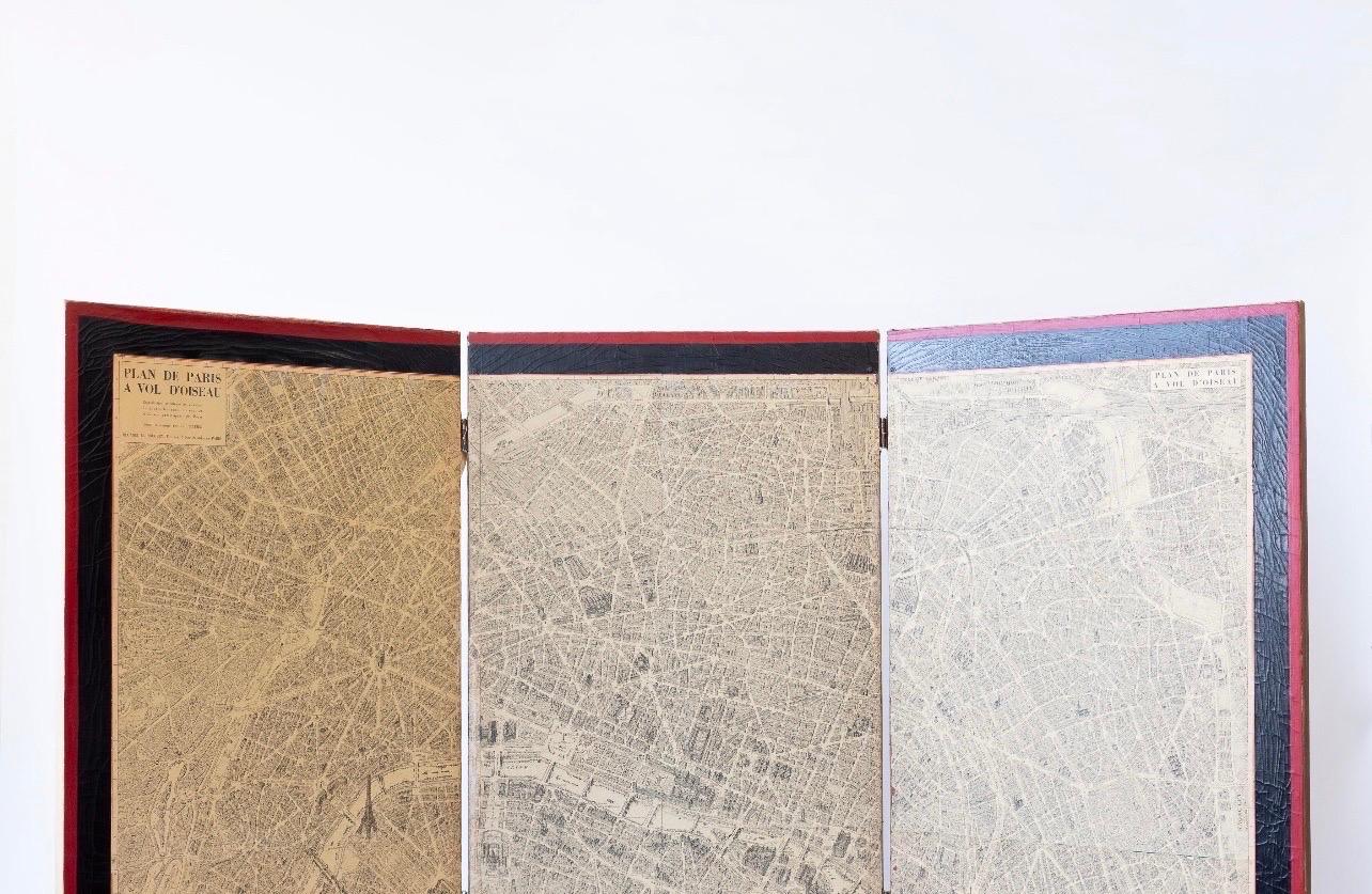 Paravent ancien à trois panneaux avec carte de Paris en vente 4