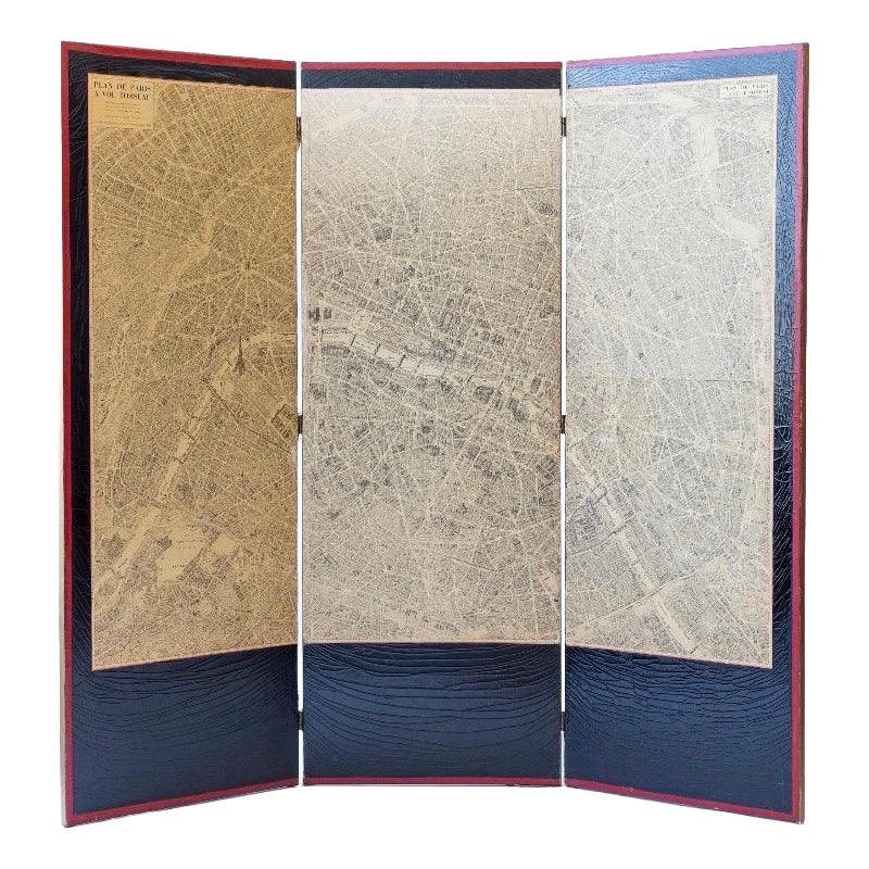 Paravent ancien à trois panneaux avec carte de Paris en vente