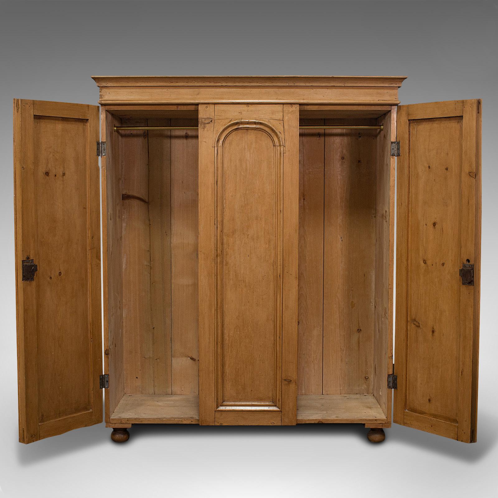 British Antique Three Panel Wardrobe, English, Pine, Cupboard, Closet, Victorian, C.1900