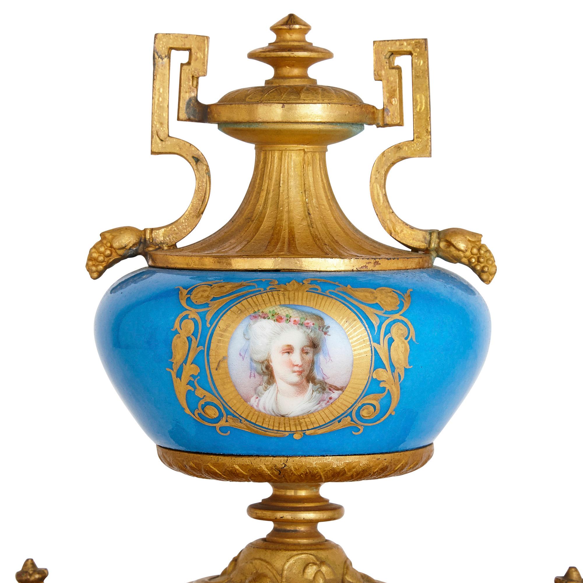 Painted Antique Three-Piece Louis XV and Sèvres Style Clock and Ewer Set For Sale