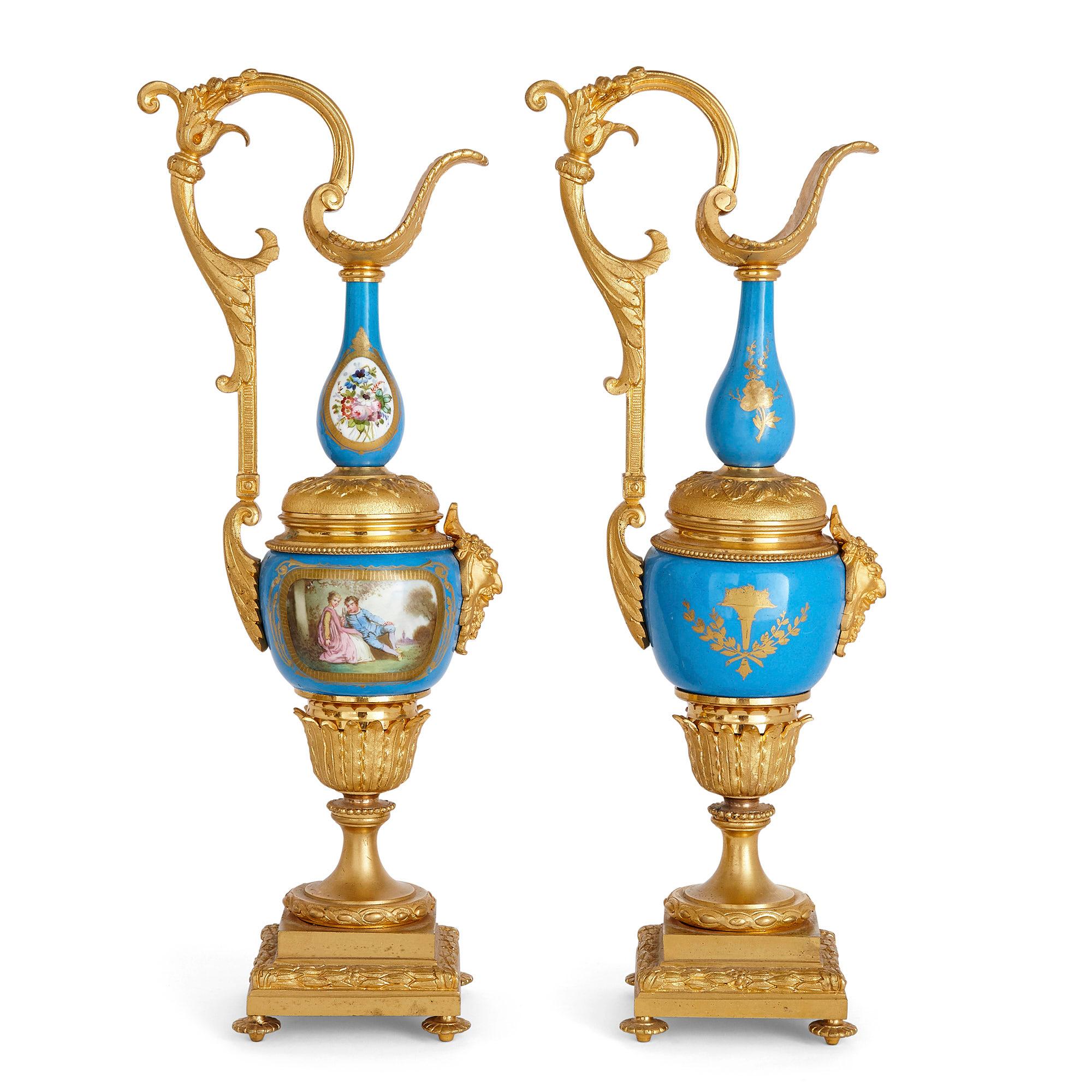 Antique Three-Piece Louis XV and Sèvres Style Clock and Ewer Set In Good Condition For Sale In London, GB