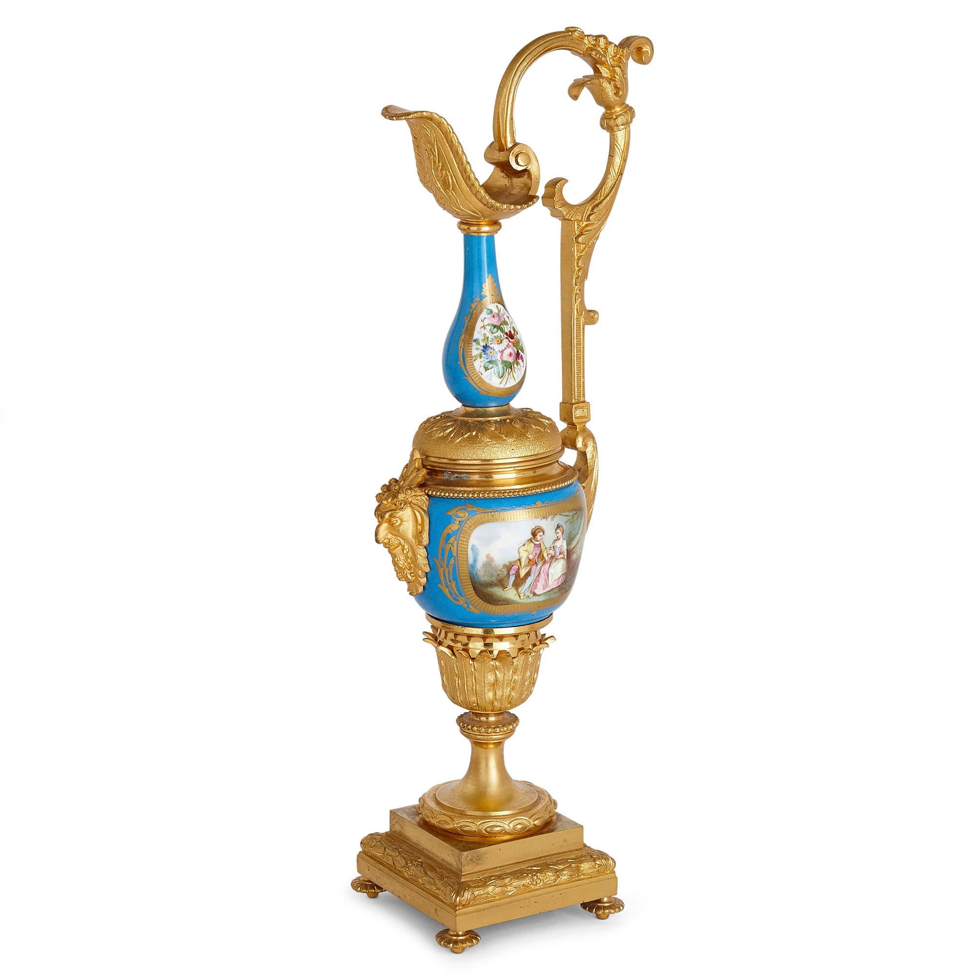 19th Century Antique Three-Piece Louis XV and Sèvres Style Clock and Ewer Set For Sale