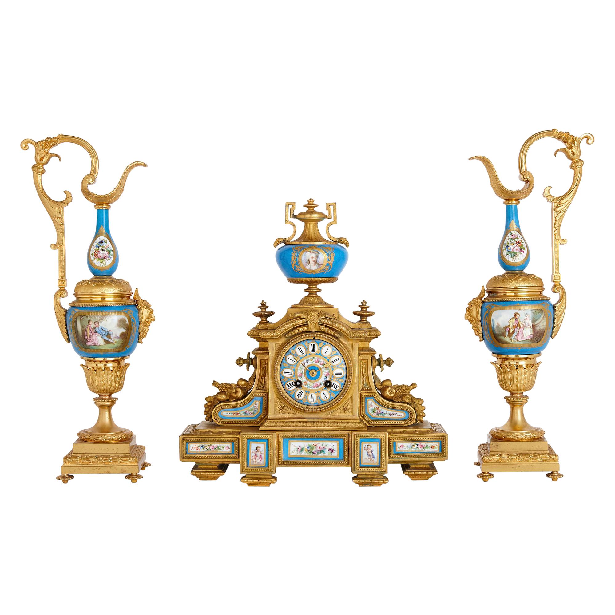 Antique Three-Piece Louis XV and Sèvres Style Clock and Ewer Set