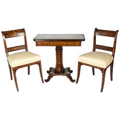 Antique Three-Piece Marquetry Table with Two Side Chair Set