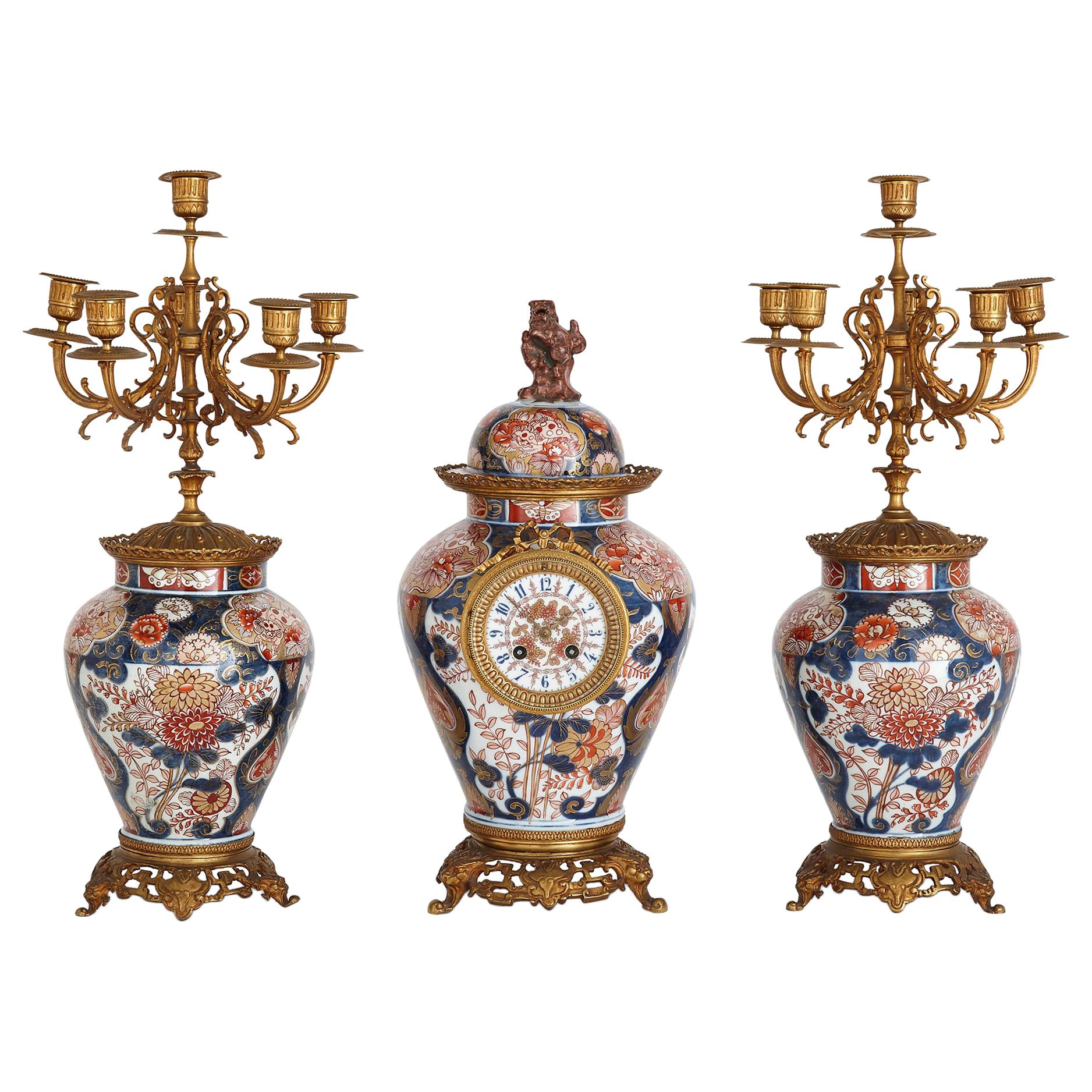 Antique Three-Piece Meiji Period Japonisme Vase Clock Set