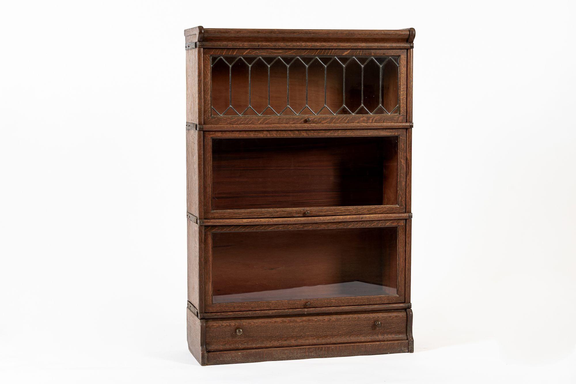 Antique Three Shelf Wood Barrister Bookcase Cabinet with Leaded Glass 4