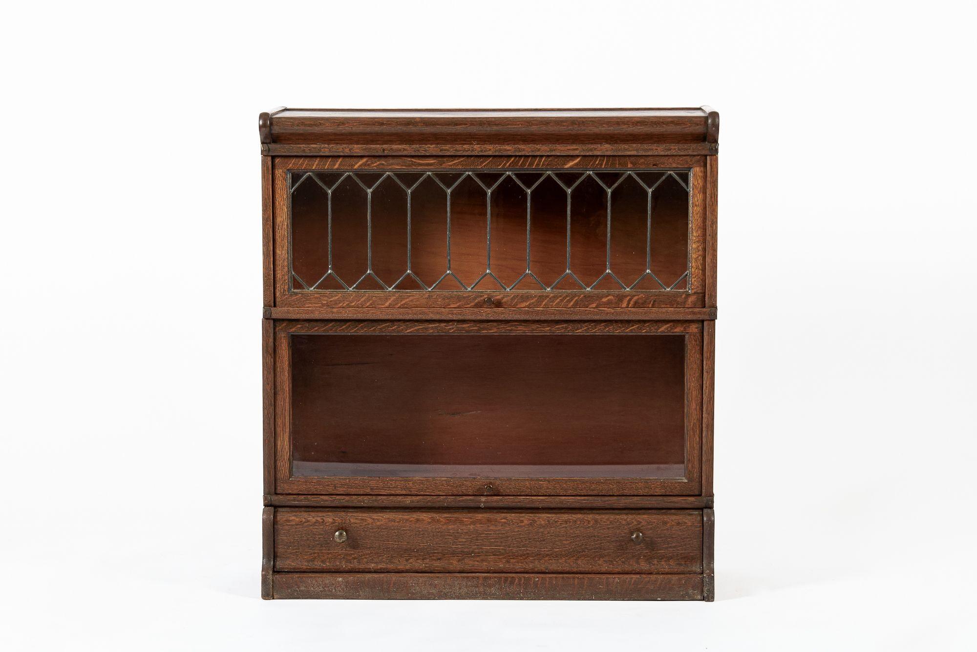 Antique Three Shelf Wood Barrister Bookcase Cabinet with Leaded Glass 5