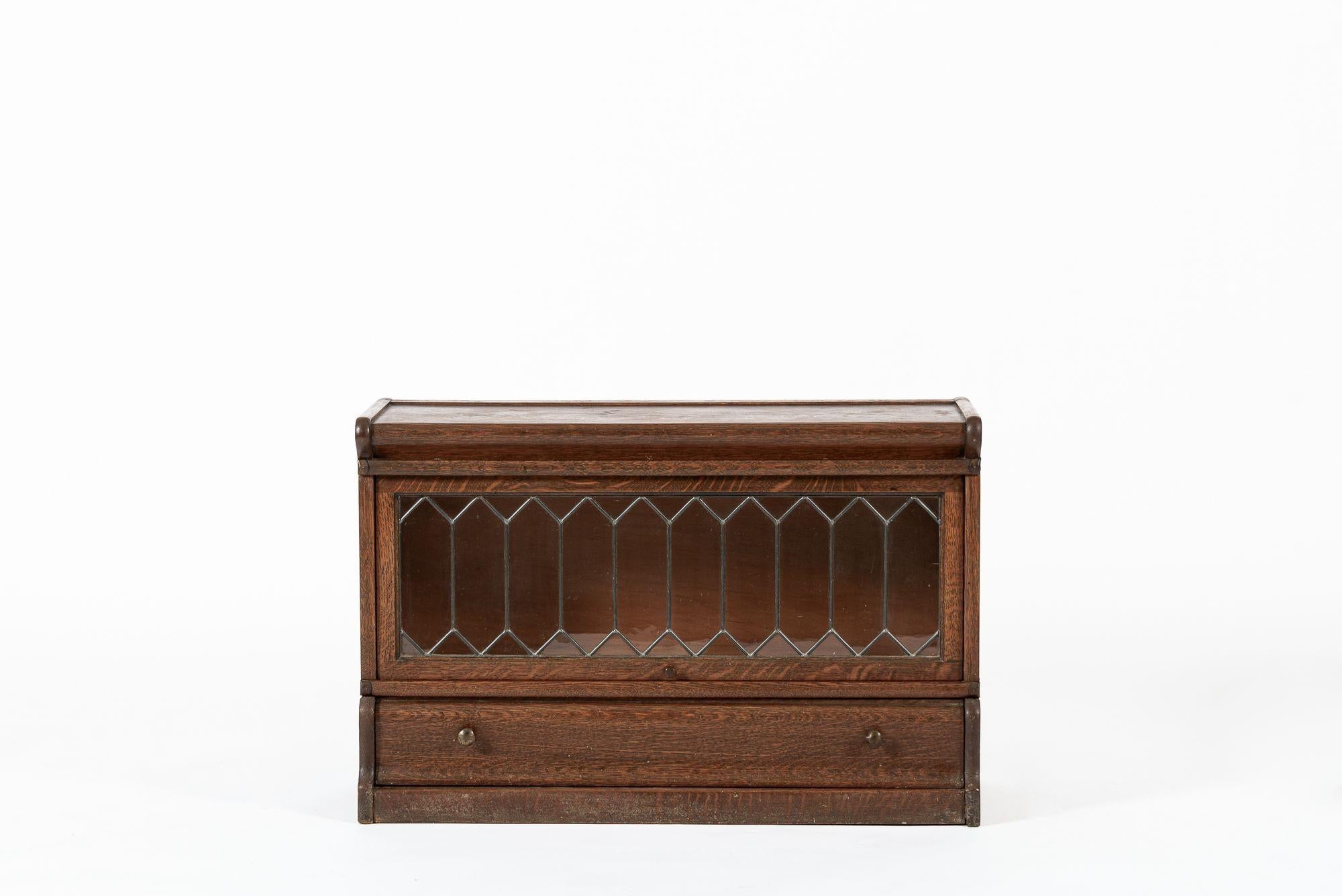 Antique Three Shelf Wood Barrister Bookcase Cabinet with Leaded Glass 6