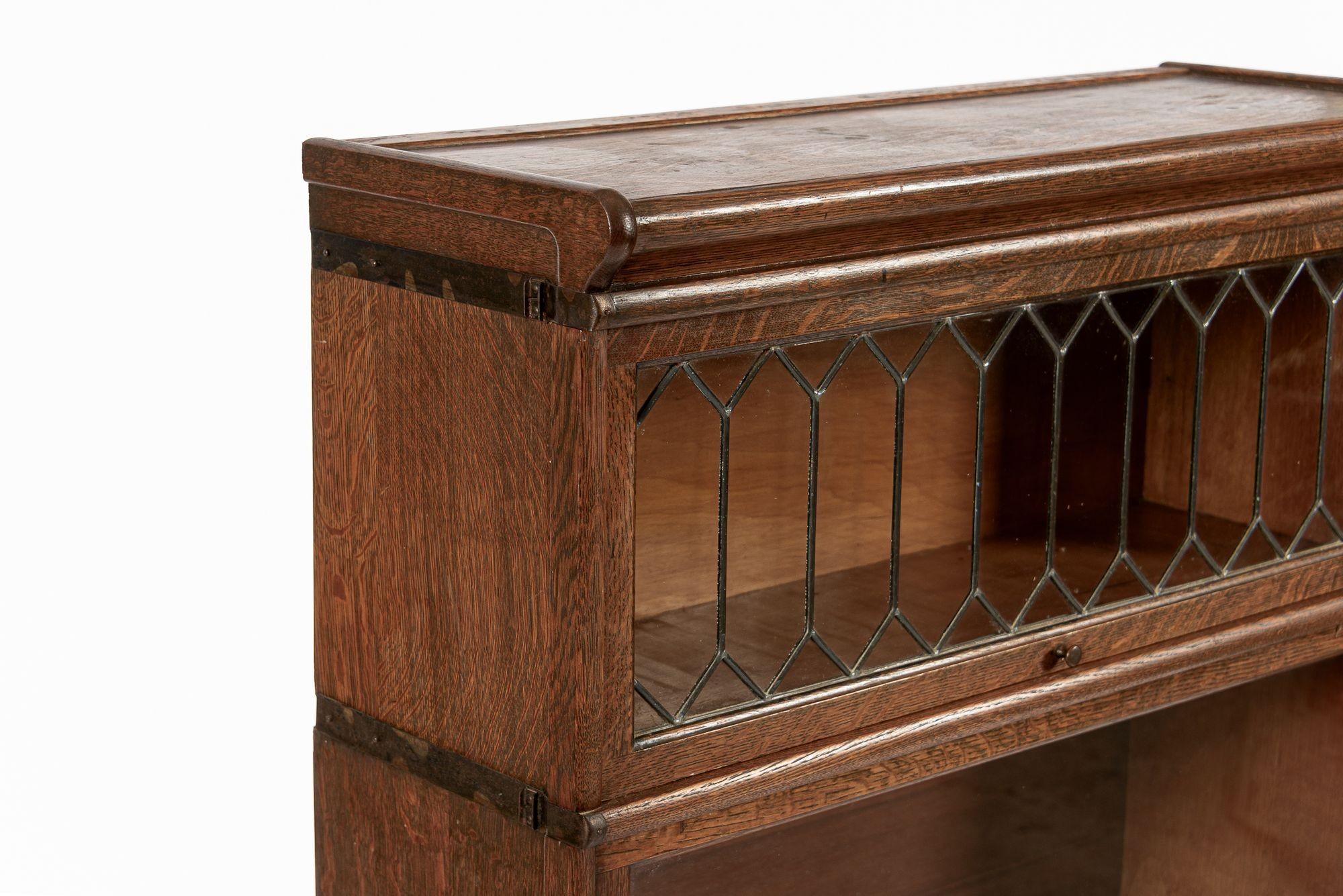 Antique Three Shelf Wood Barrister Bookcase Cabinet with Leaded Glass 7