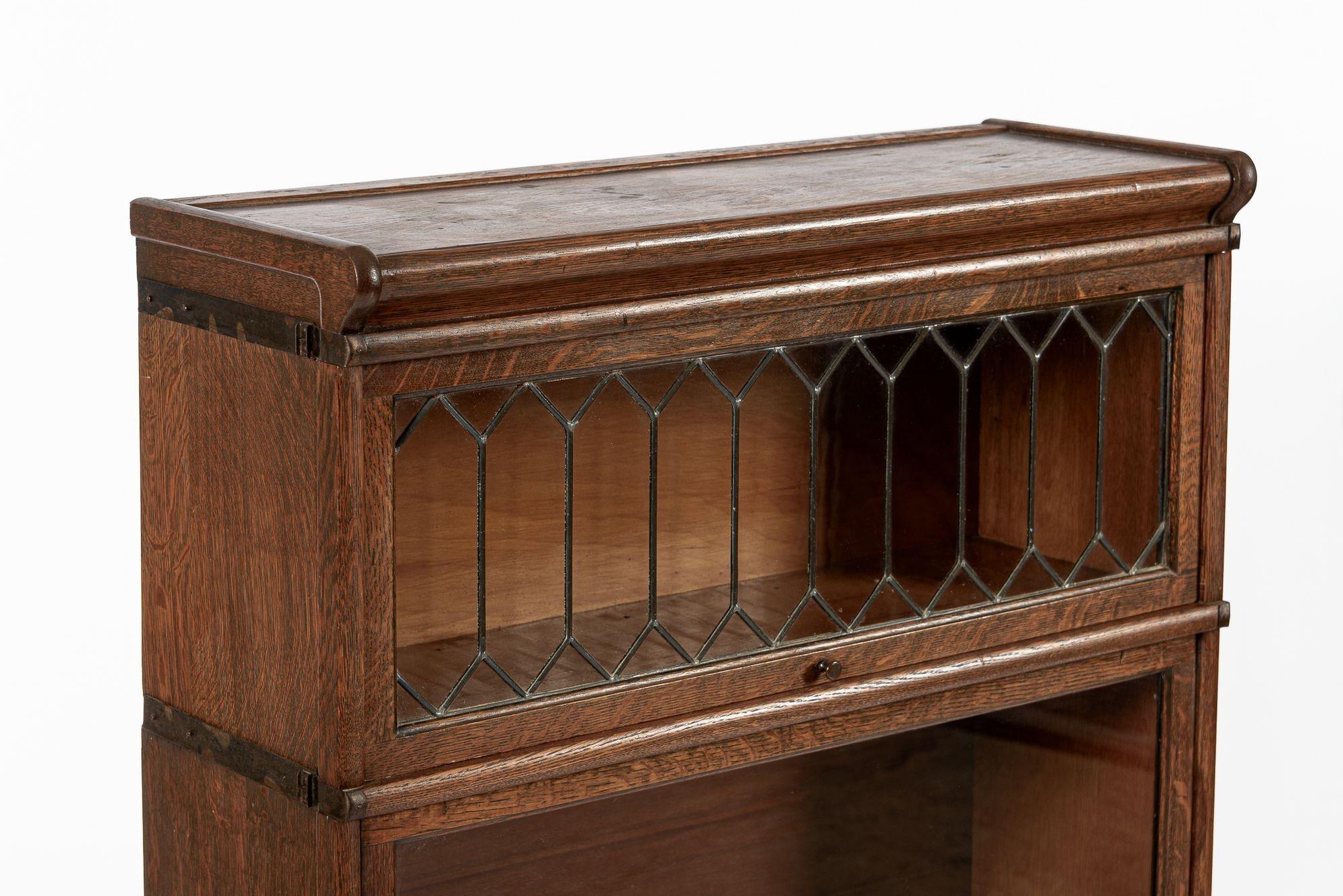 American Antique Three Shelf Wood Barrister Bookcase Cabinet with Leaded Glass