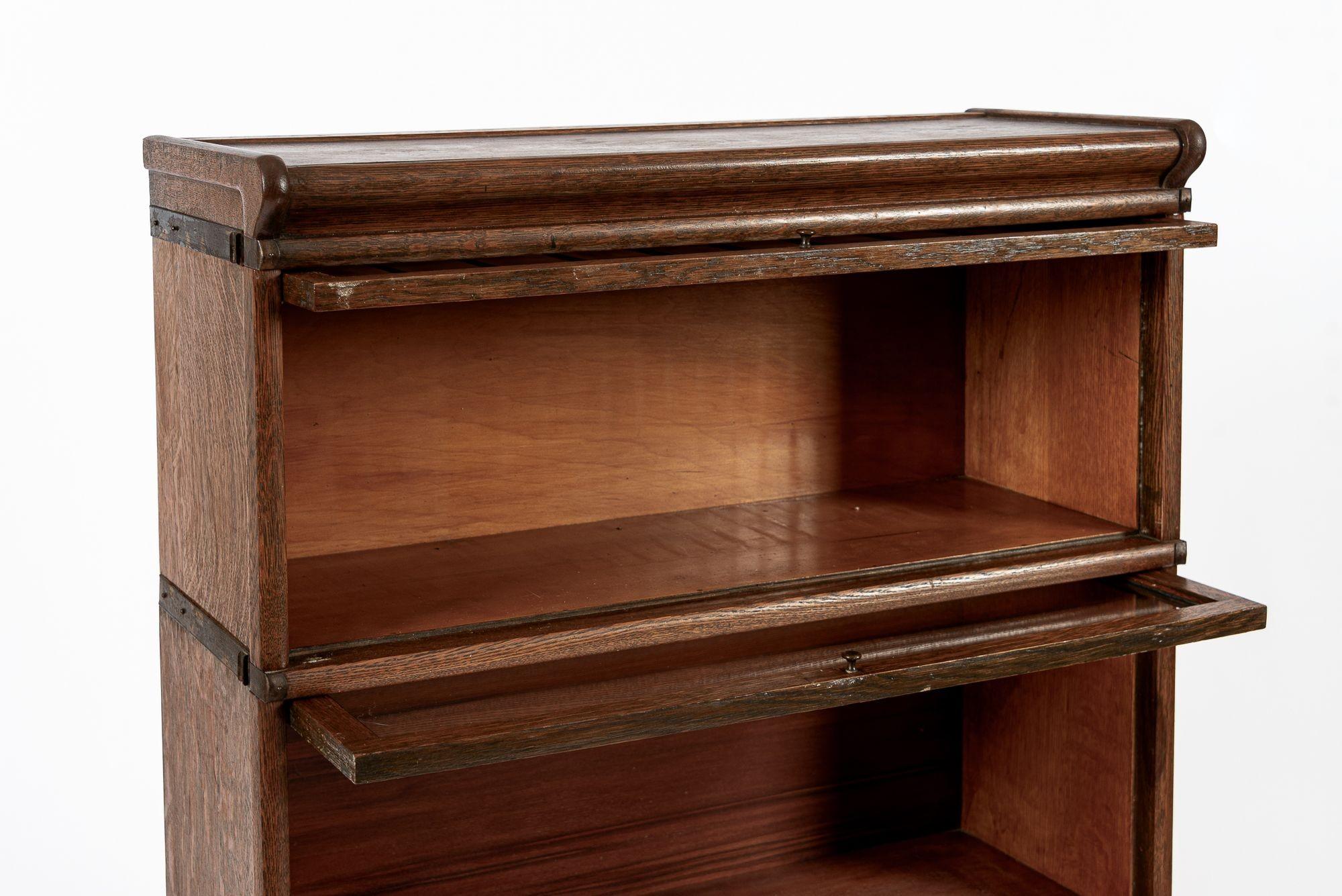 Antique Three Shelf Wood Barrister Bookcase Cabinet with Leaded Glass In Good Condition In Detroit, MI