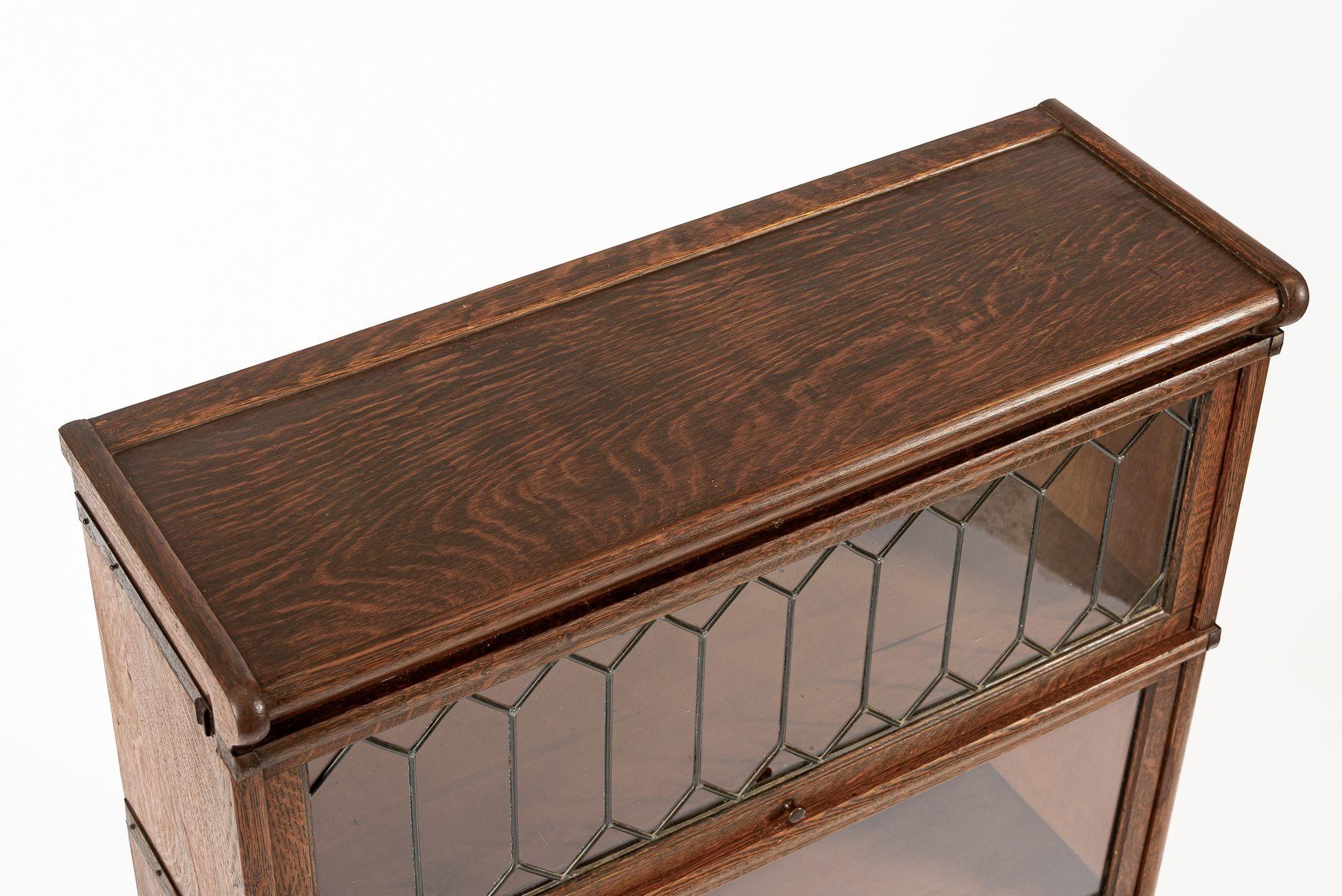 Early 20th Century Antique Three Shelf Wood Barrister Bookcase Cabinet with Leaded Glass