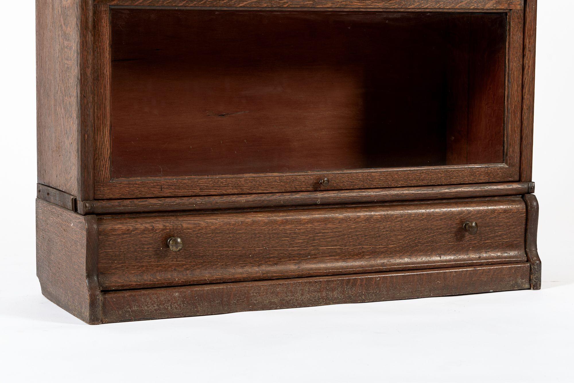 Metal Antique Three Shelf Wood Barrister Bookcase Cabinet with Leaded Glass