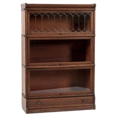 Antique Three Shelf Wood Barrister Bookcase Cabinet with Leaded Glass