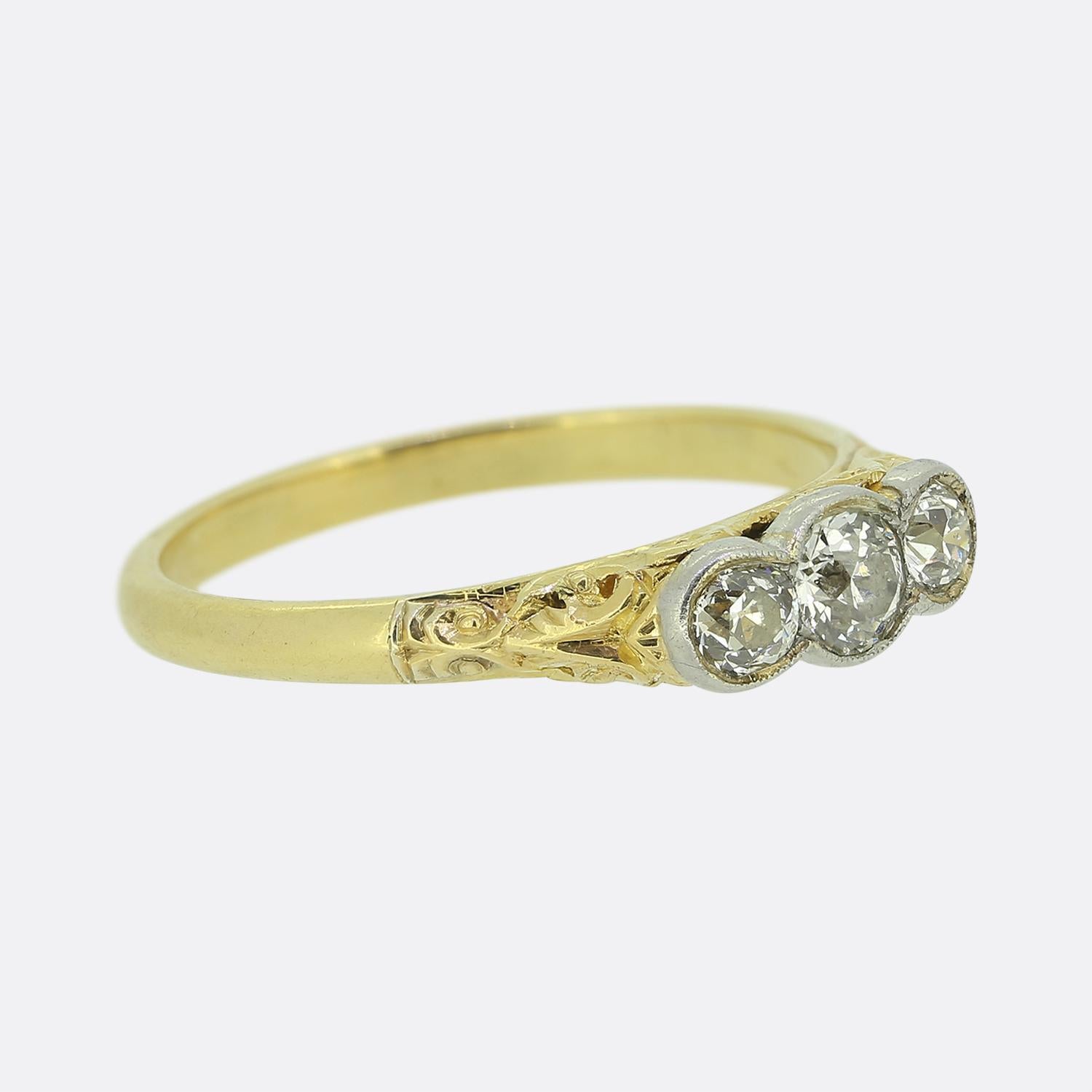 Old Mine Cut Antique Three-Stone Diamond Ring For Sale