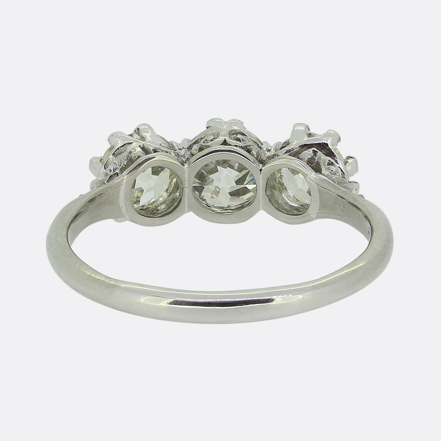 Old Mine Cut Antique Three-Stone Diamond Ring For Sale