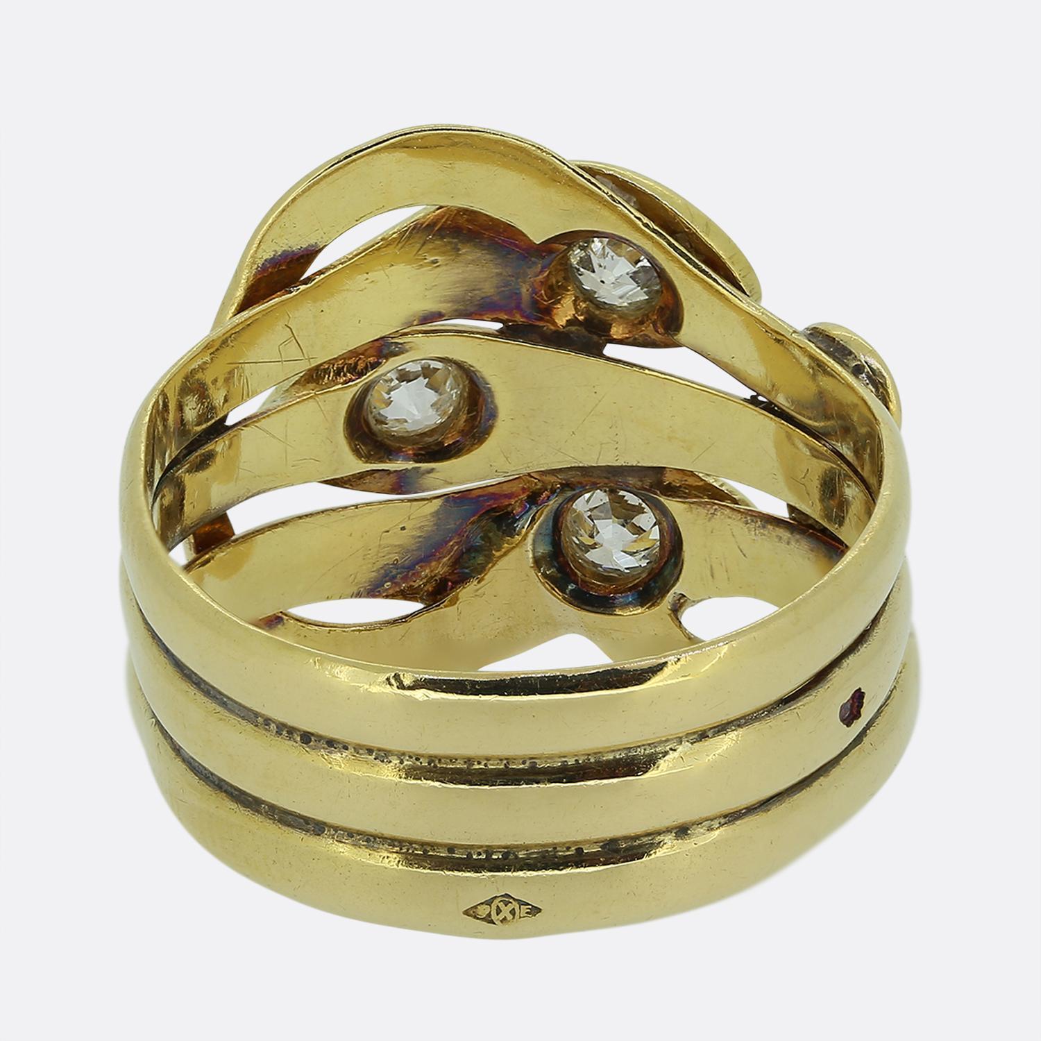 Old Mine Cut Antique Three-Stone Diamond Triple Snake Ring