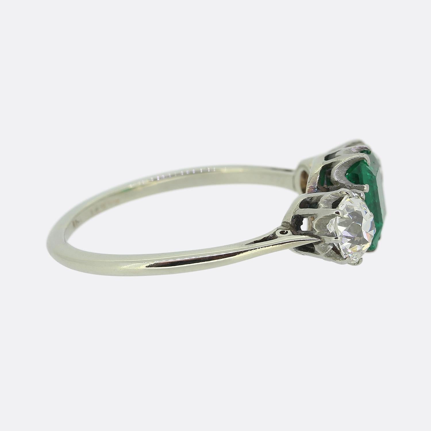 Cushion Cut Antique Three-Stone Emerald and Diamond Ring For Sale