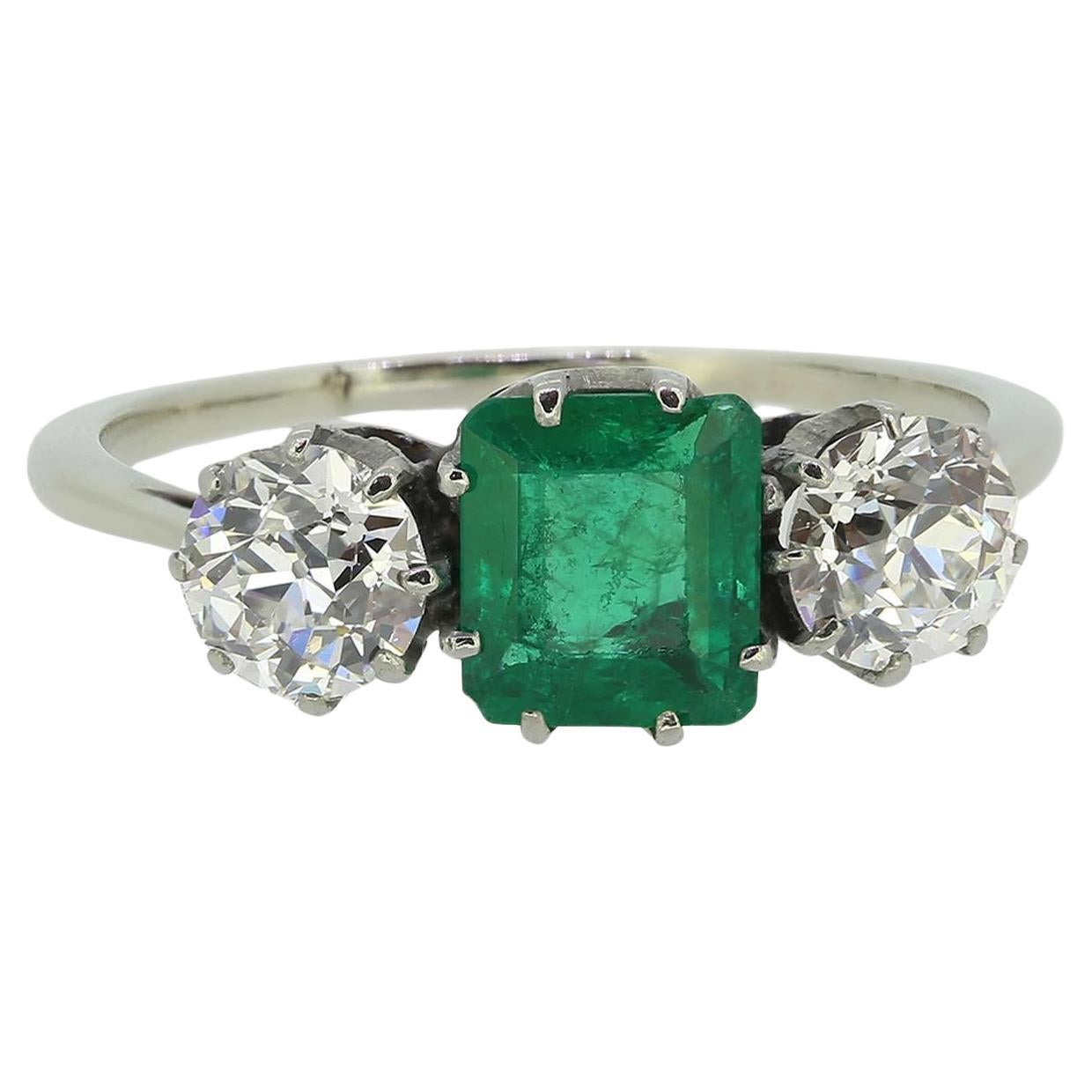 Antique Three-Stone Emerald and Diamond Ring For Sale