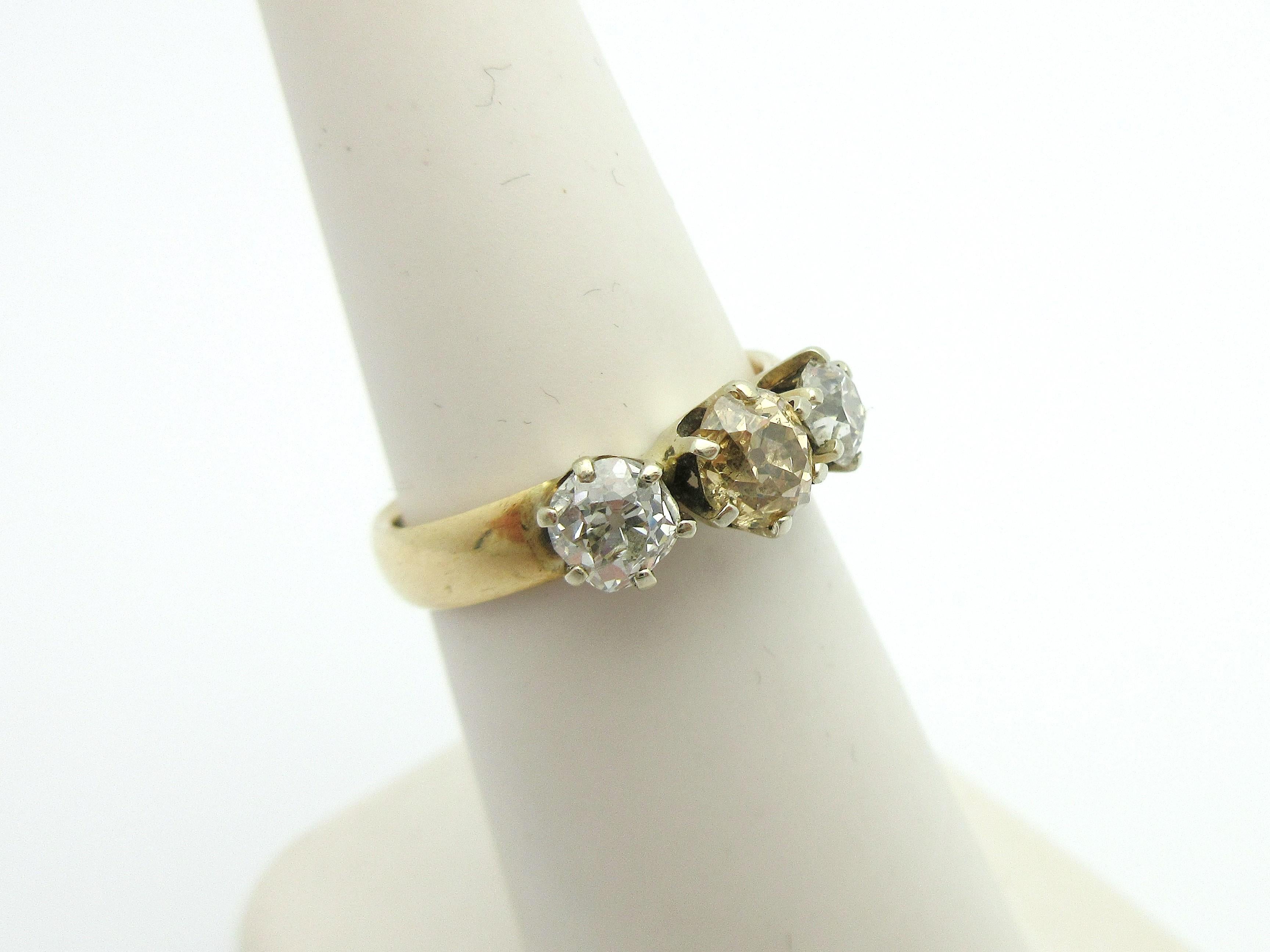 Antique Three-Stone Old Mine Cut Champagne Diamond Ring JJ Sommer Co. 14 Karat  In Good Condition In Manchester, NH