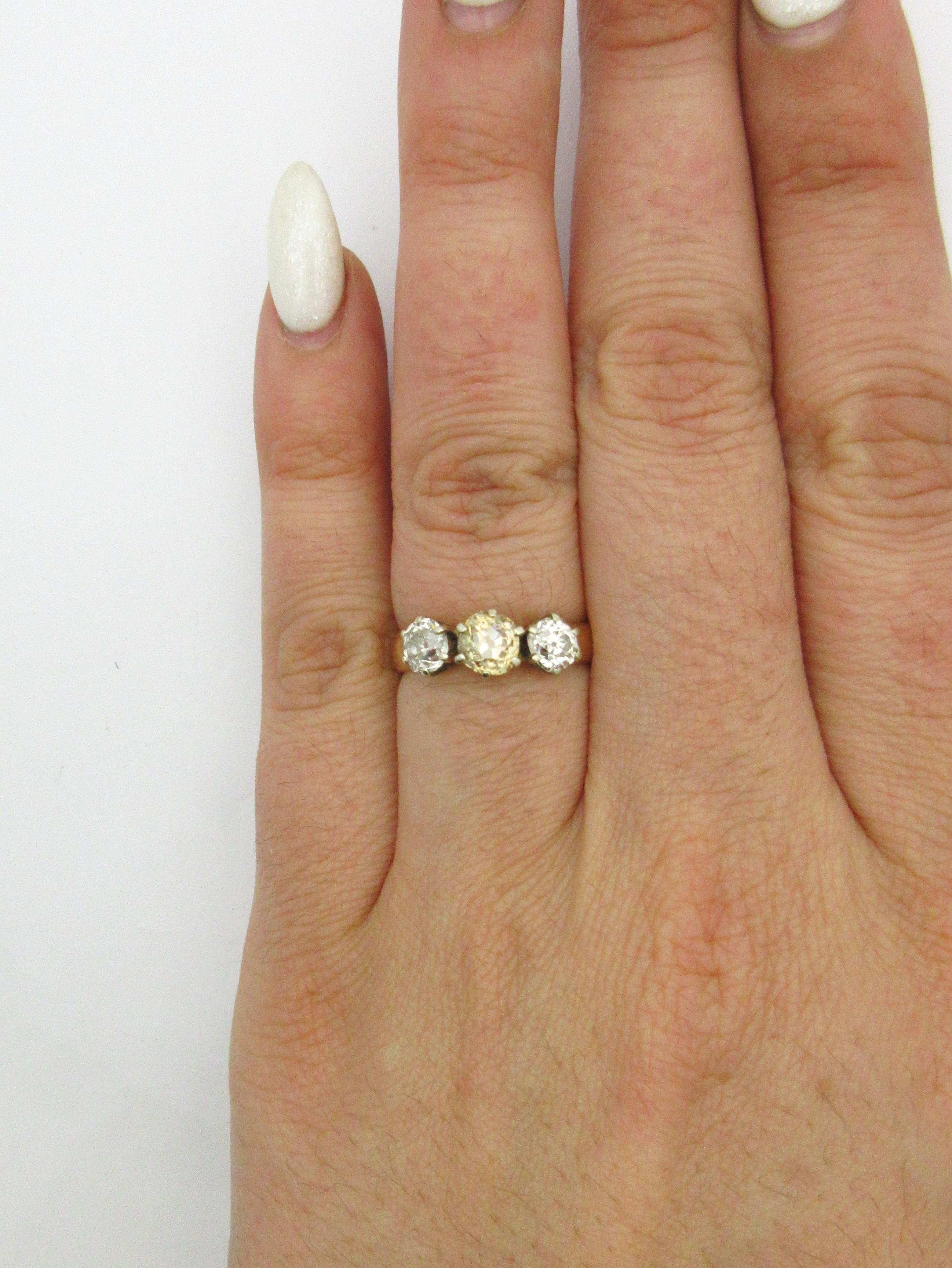 Women's or Men's Antique Three-Stone Old Mine Cut Champagne Diamond Ring JJ Sommer Co. 14 Karat 