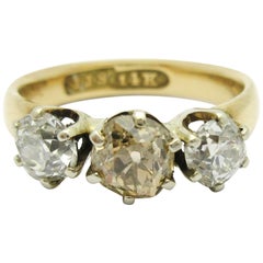 Antique Three-Stone Old Mine Cut Champagne Diamond Ring JJ Sommer Co. 14 Karat 