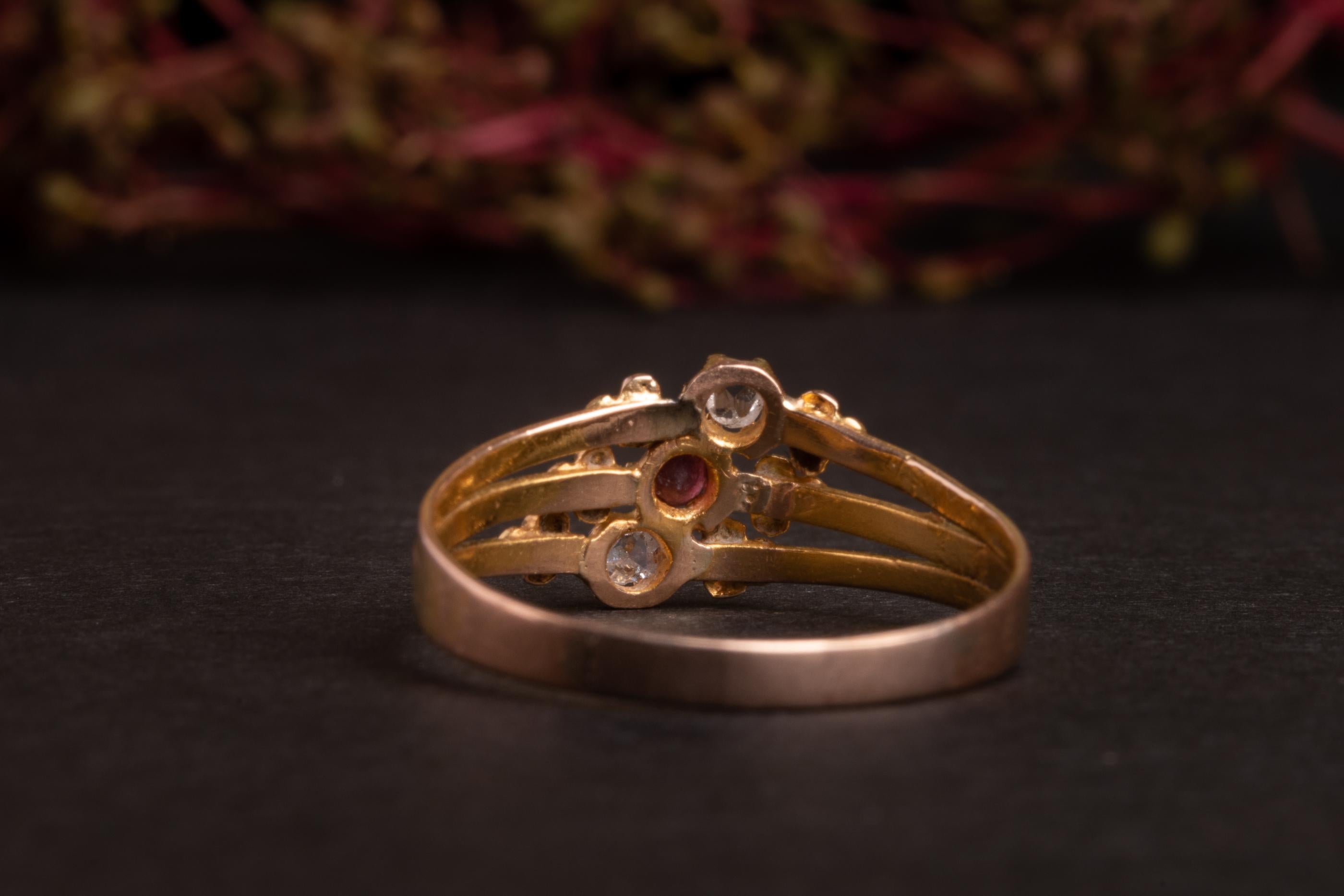 Late Victorian Antique Three Stone Ruby and Rose Cut Diamond Harem Ring