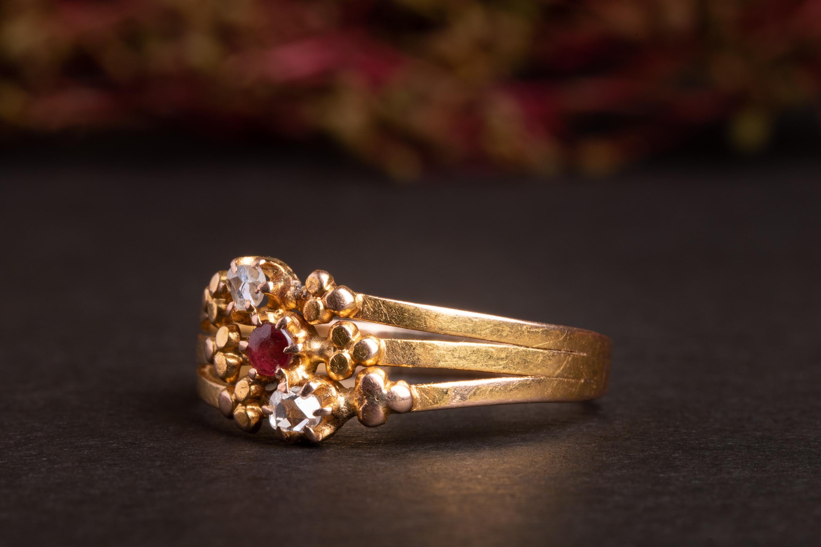 Antique Three Stone Ruby and Rose Cut Diamond Harem Ring In Excellent Condition In Rottedam, NL