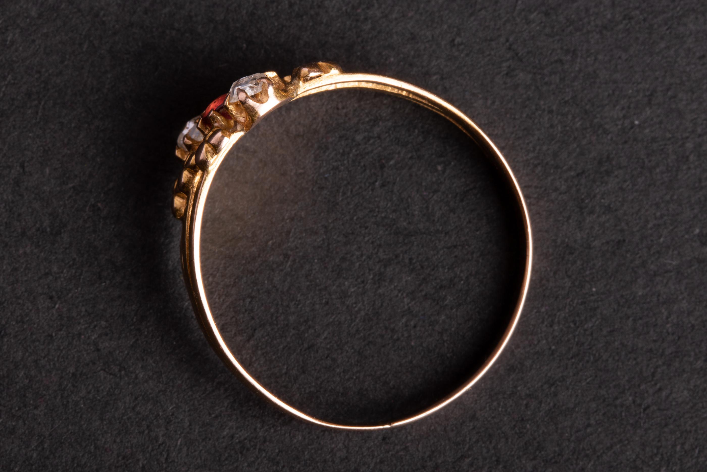 Women's Antique Three Stone Ruby and Rose Cut Diamond Harem Ring