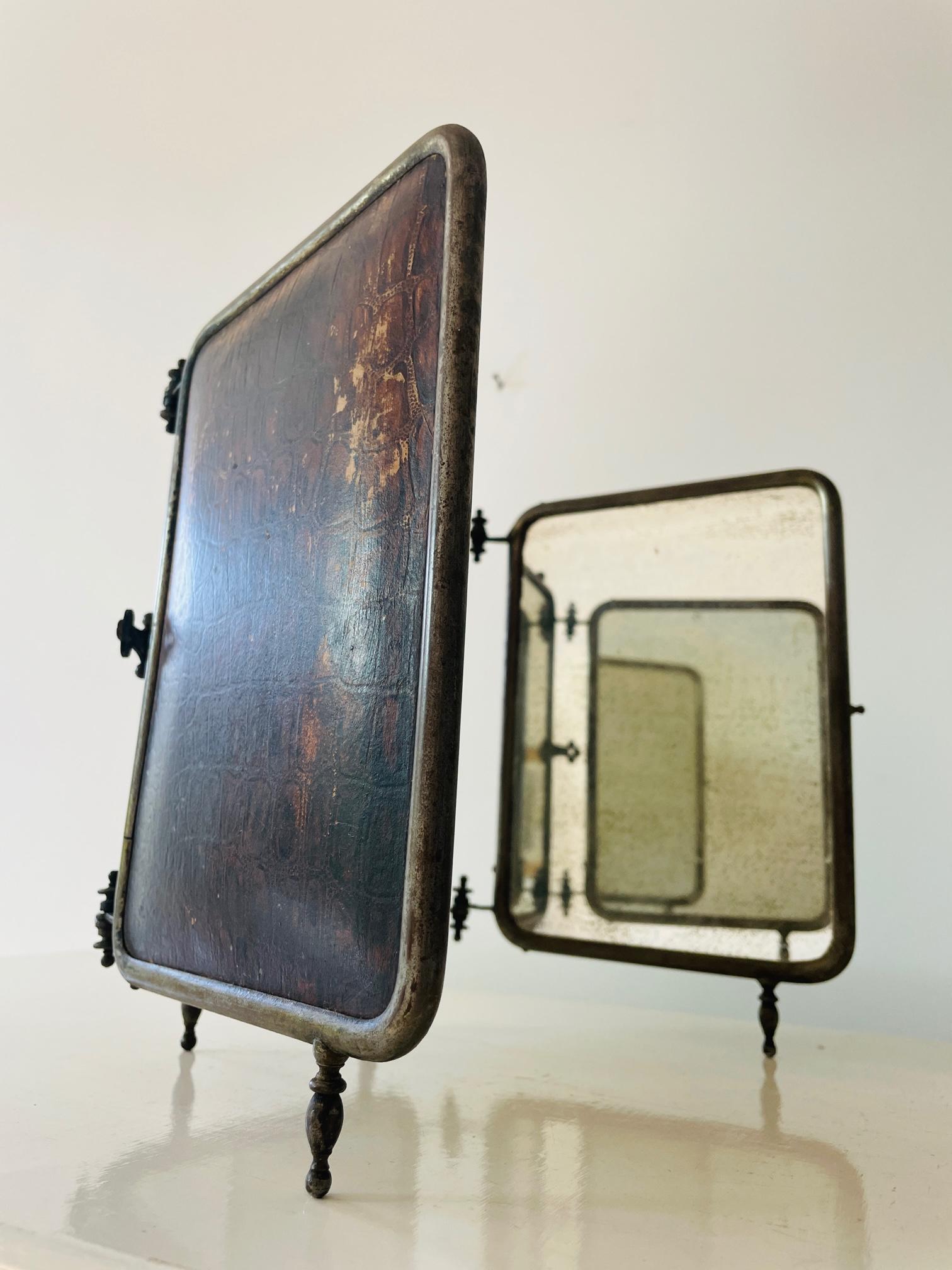 Antique Three Way Mirror, Rare Leather & Nickel Tri-Fold Barber Shaving Mirror 9