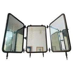 Antique Three Way Mirror, Rare Leather & Nickel Tri-Fold Barber Shaving Mirror