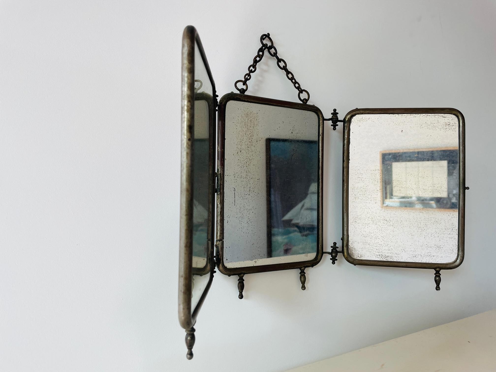 French Antique Three Way Mirror, Rare Leather & Nickel Tri-Fold Barber Shaving Mirror