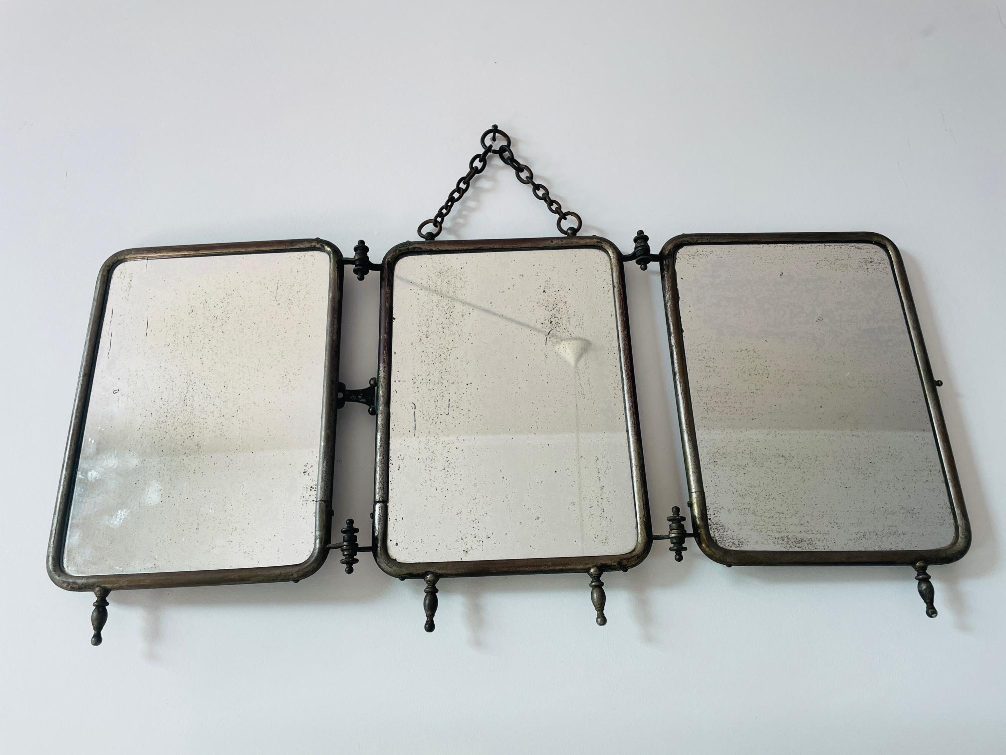 Early 20th Century Antique Three Way Mirror, Rare Leather & Nickel Tri-Fold Barber Shaving Mirror