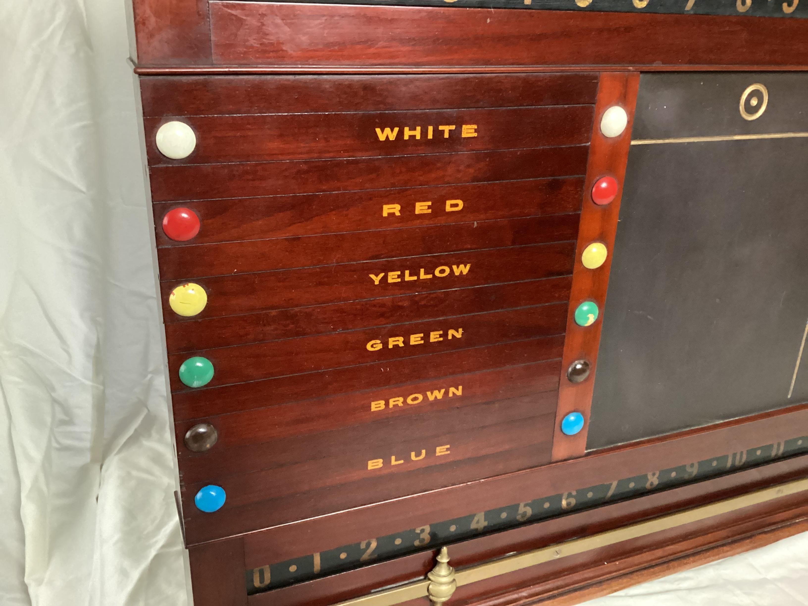 Antique Thurston & Co LTD London Snooker Billiards Scoreboard. This is a great example of English craftsmanship made of mahogany late Victorian. The slate is in wonderful condition. The case is in great condition with one small age Crack on the