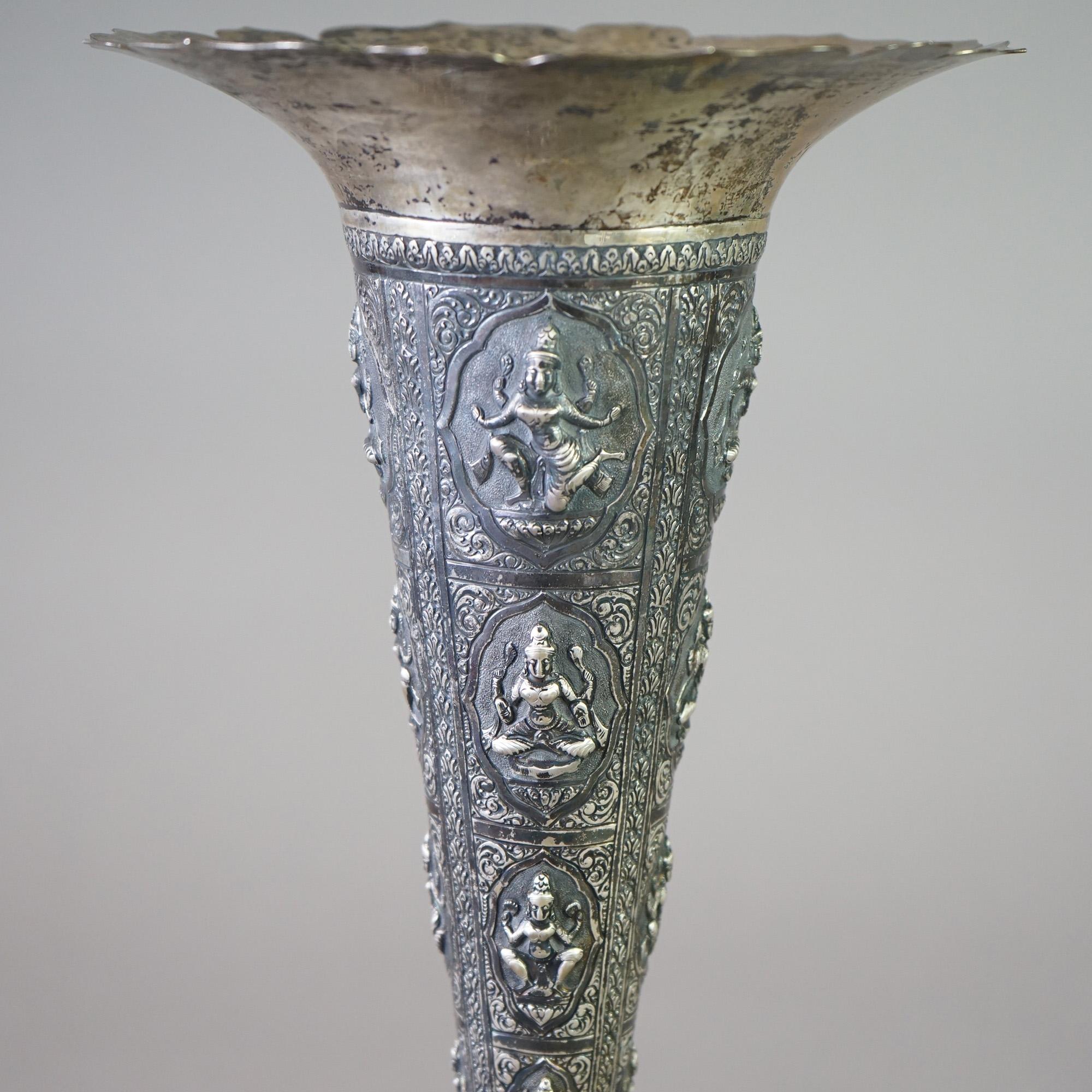 Antique Tibetan 800 Silver Figural Embossed Shiva Tall Vase with Fluted Rim  For Sale 7
