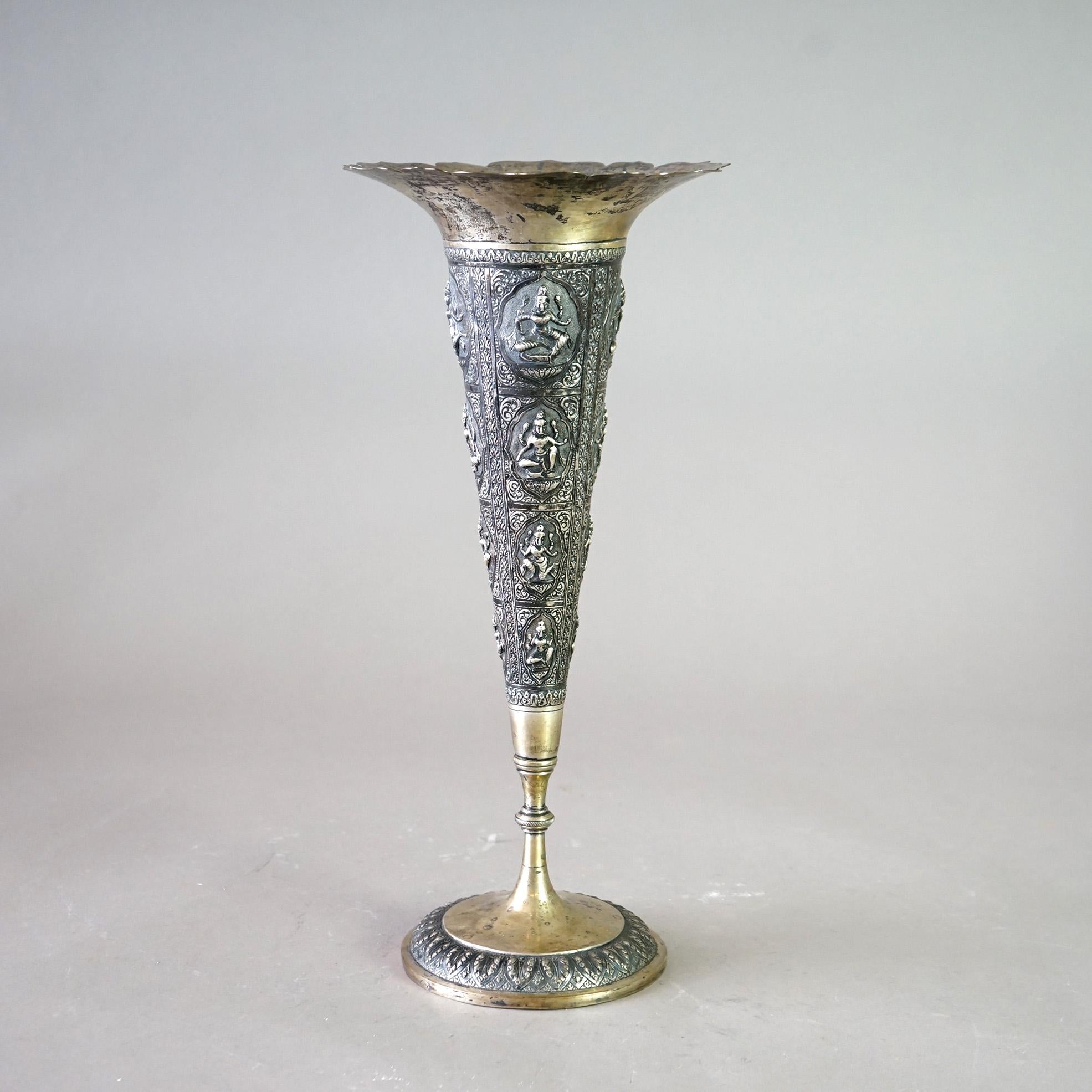 Antique Tibetan 800 Silver Figural Embossed Shiva Tall Vase with Fluted Rim  For Sale 9