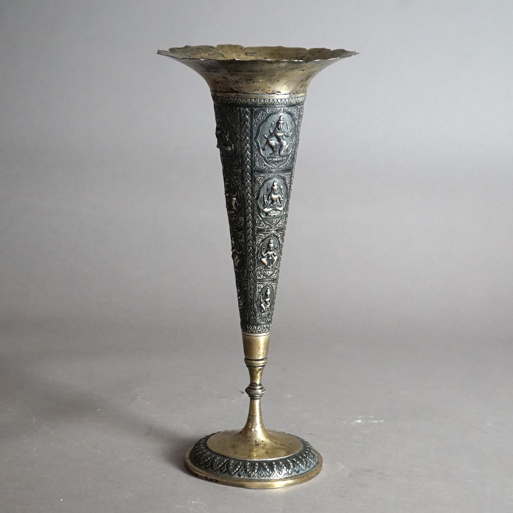 Asian Antique Tibetan 800 Silver Figural Embossed Shiva Tall Vase with Fluted Rim  For Sale