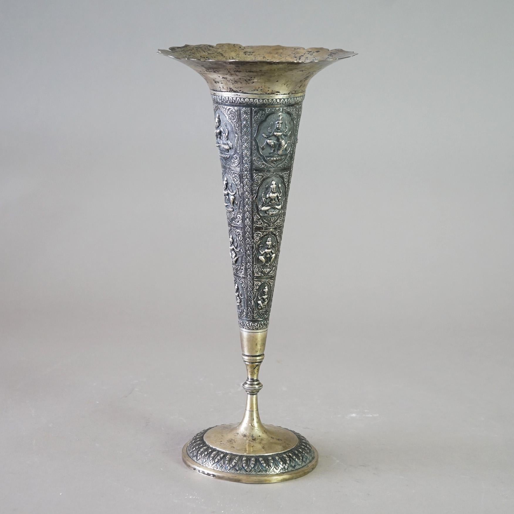 Antique Tibetan 800 Silver Figural Embossed Shiva Tall Vase with Fluted Rim  In Good Condition For Sale In Big Flats, NY