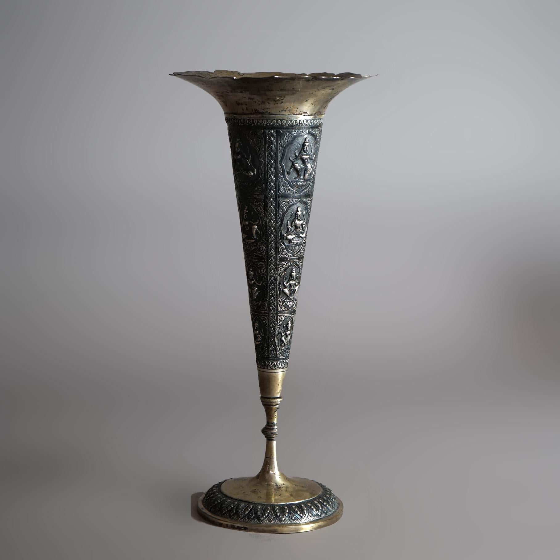 19th Century Antique Tibetan 800 Silver Figural Embossed Shiva Tall Vase with Fluted Rim  For Sale