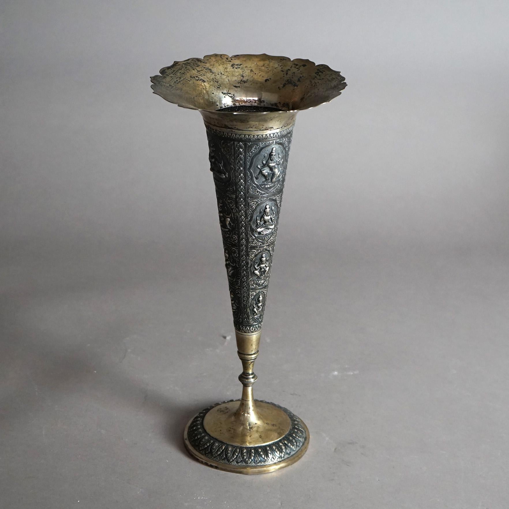 Antique Tibetan 800 Silver Figural Embossed Shiva Tall Vase with Fluted Rim  For Sale 1