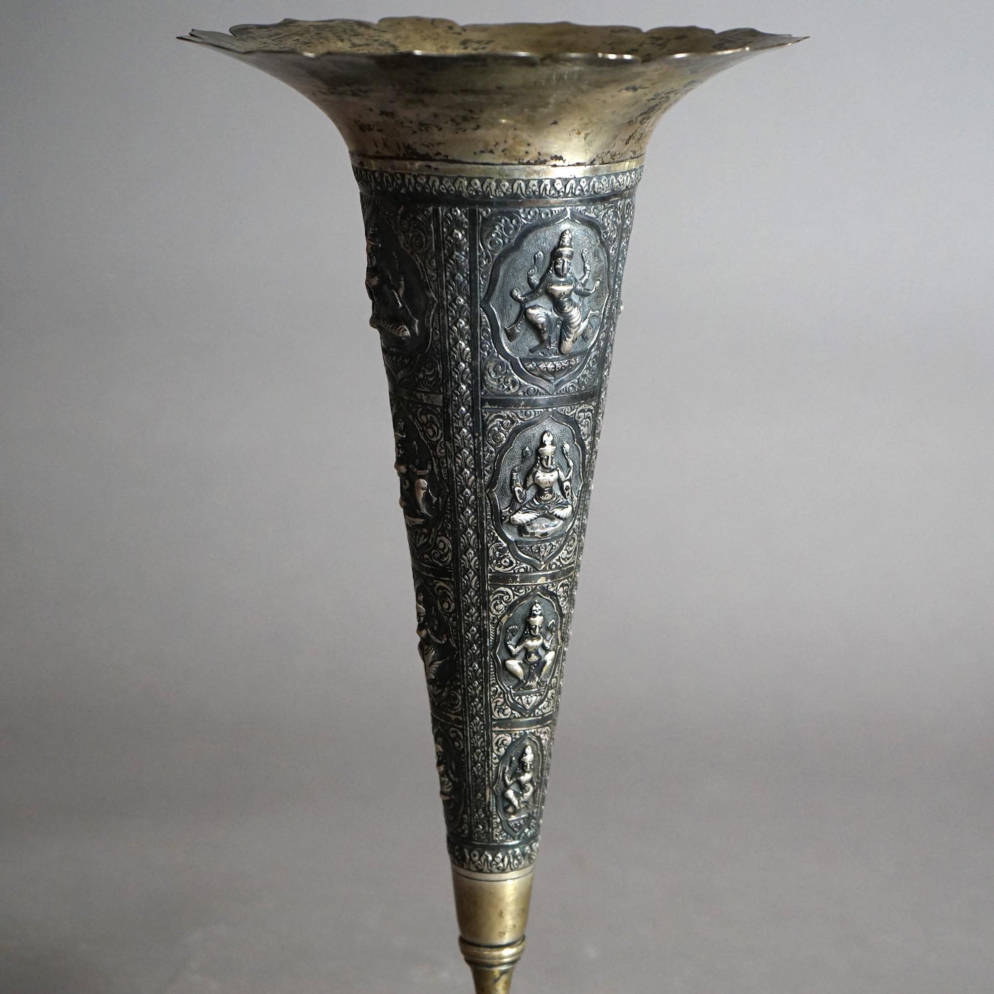 Antique Tibetan 800 Silver Figural Embossed Shiva Tall Vase with Fluted Rim  For Sale 3